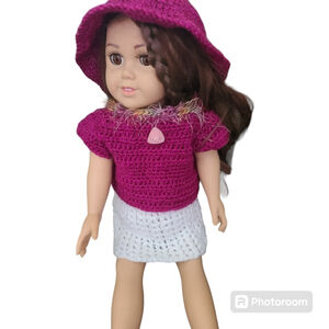 18" doll clothes 3-piece crocheted outfit, skirt,top and hat